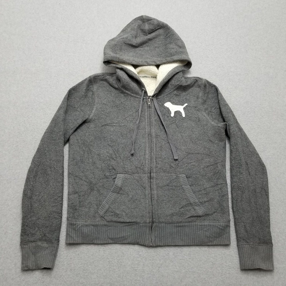 Victorias Secret Pink Hoodie‎ Womens Large Gray Full Zip Pockets Fleece